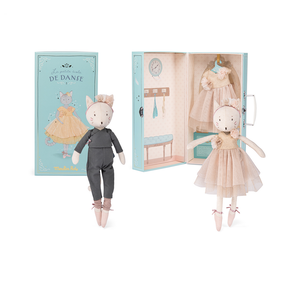 This ballerina cat comes complete with a wardrobe suitcase and beautiful change of outfit.  She is wearing soft grey jersey trousers and matching wrap top, pink glitter socks and pink ballet pumps with a net bow, long cat tail and embroidered whiskers.
