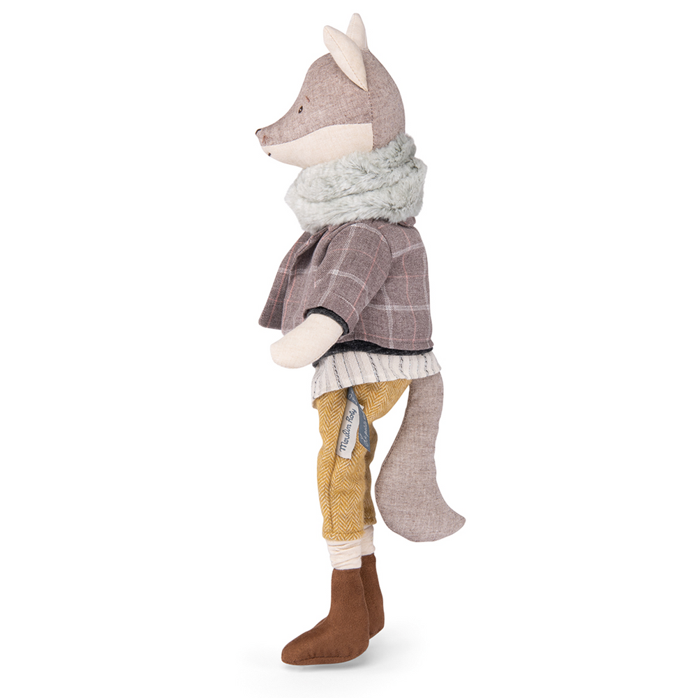 Justin is a smart dancer soft toy fox.  He is wearing yellow trousers checked jacket and a soft fur scarf. He has embroidered features,  little whiskers and a big fox tail.