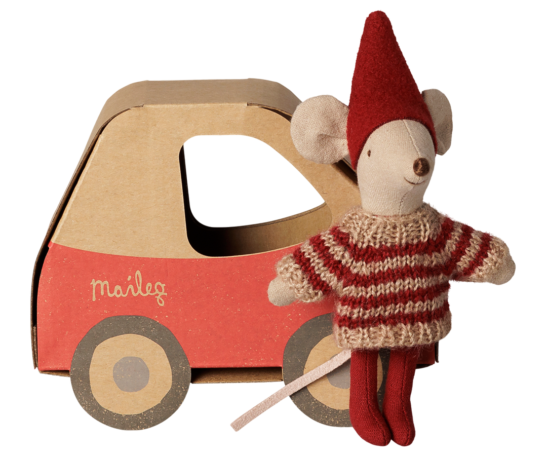 Maileg Christmas Mouse Little Sister in Car Box | 11cm Festive Mouse 14-6702-00