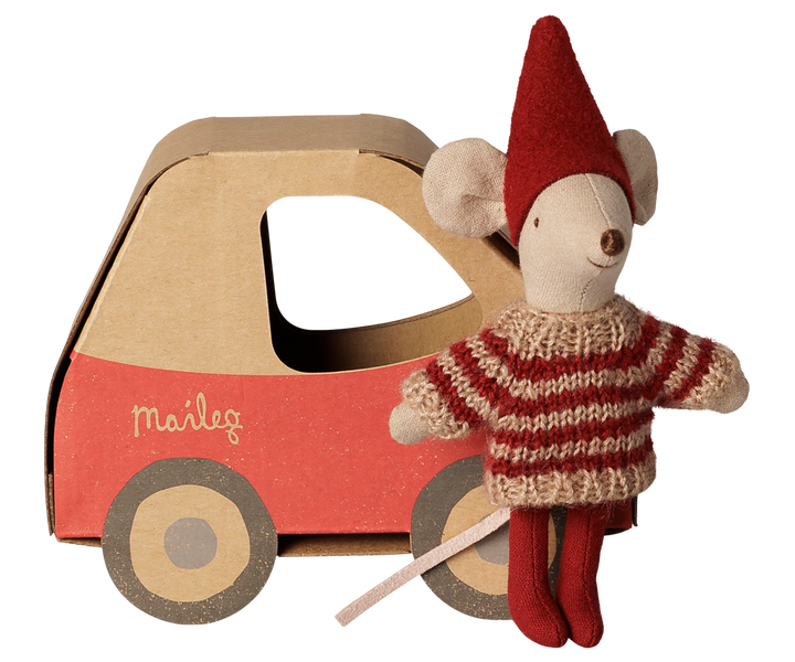 Maileg Christmas Mouse Little Sister in Car Box | 11cm Festive Mouse 14-6702-00