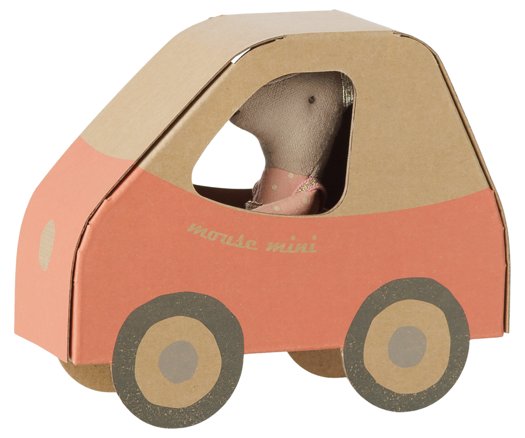 Maileg Driver Mouse Little Sister | 10cm Mouse in Glitter Dress & Car Box 17-6116-00