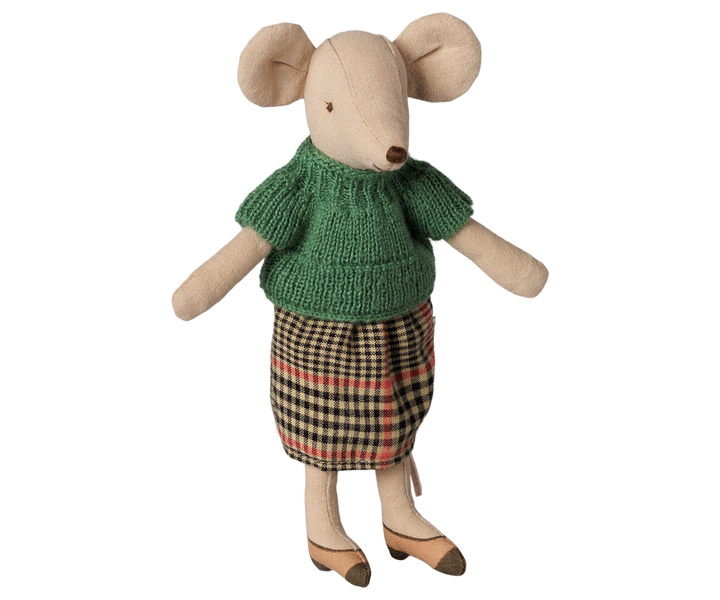 Maileg Grandma Mouse | 16cm Mouse with Green Knitted Blouse & Checked Skirt 17-6305-00