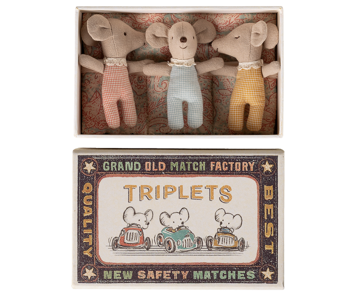 Maileg Triplet Baby Mice in Matchbox – Checker