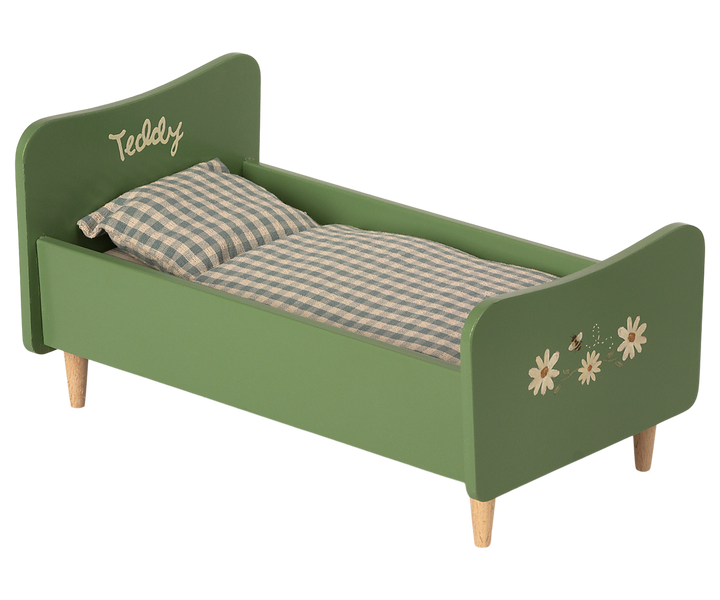 Maileg Wooden Bed for Teddy Dad – Dusty Green | Wooden Teddy Bed with Bedding