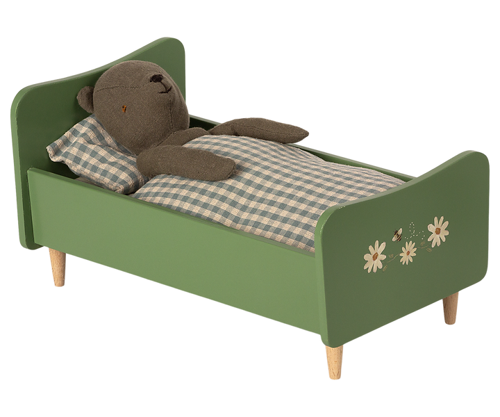 Maileg Wooden Bed for Teddy Dad – Dusty Green | Wooden Teddy Bed with Bedding