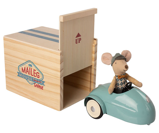 Maileg Mouse with Blue car and garage