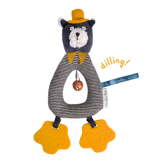 This ﻿Alphonse the cat rattle has a velvet face and a soft fur snout, he is wearing a hat and a mustard-coloured bow tie.  This sensory toy is easy for little hands to grab, it has a bell to entertain and this cat's paws are textured teething rings.
