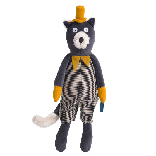 Introducing 'Les Moustaches Alphonse Cat Doll' by Moulin Roty. Alphonse has a soft jersey romper, stylish mustard top hat and fluffy white muzzle.