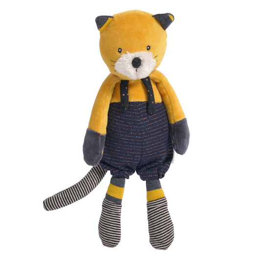 Meet Lulu from from Les Moustaches by Moulin Roty. She has soft mustard yellow fur and striped overalls.
