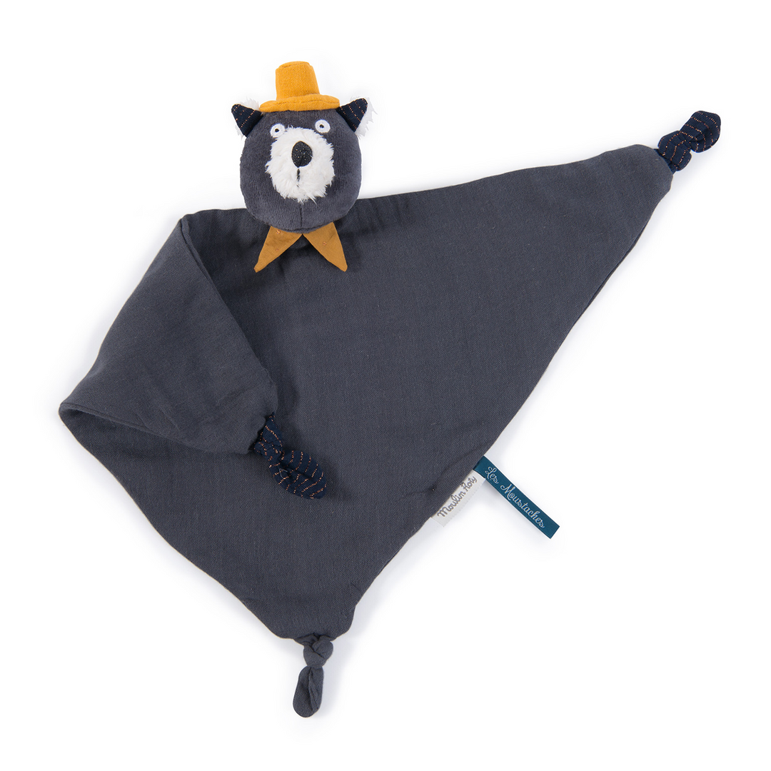 A perfect newborn gift - this Moulin Roty Alphonse the Cat dark grey muslin comforter is easy for tiny hands to grab with little knots in each corner.