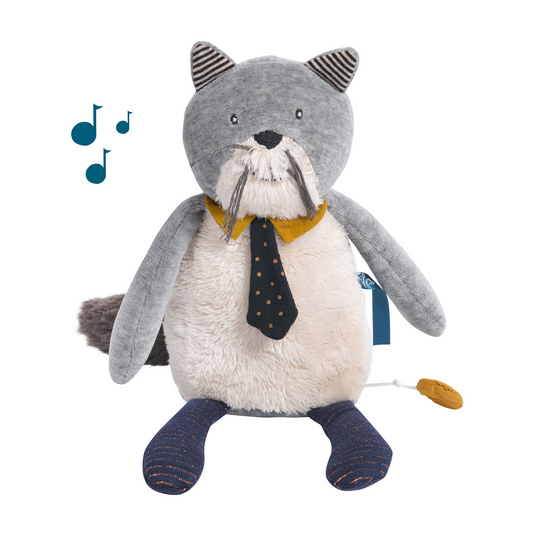 Fernand the Moulin Roty soft musical cat toy designed to soothe babies and children to sleep with his soft furry body and lovely calming tune. Fernand is the perfect size for bedtime cuddles.