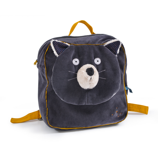 'Les Moustaches Alphonse Backpack' by Moulin Roty. Made from a soft dark grey velour material, this cute accessory comes with beautiful detailing and adjustable mustard yellow straps.