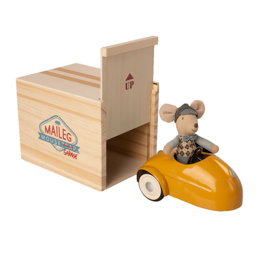 Maileg Mouse with Yellow  car and garage