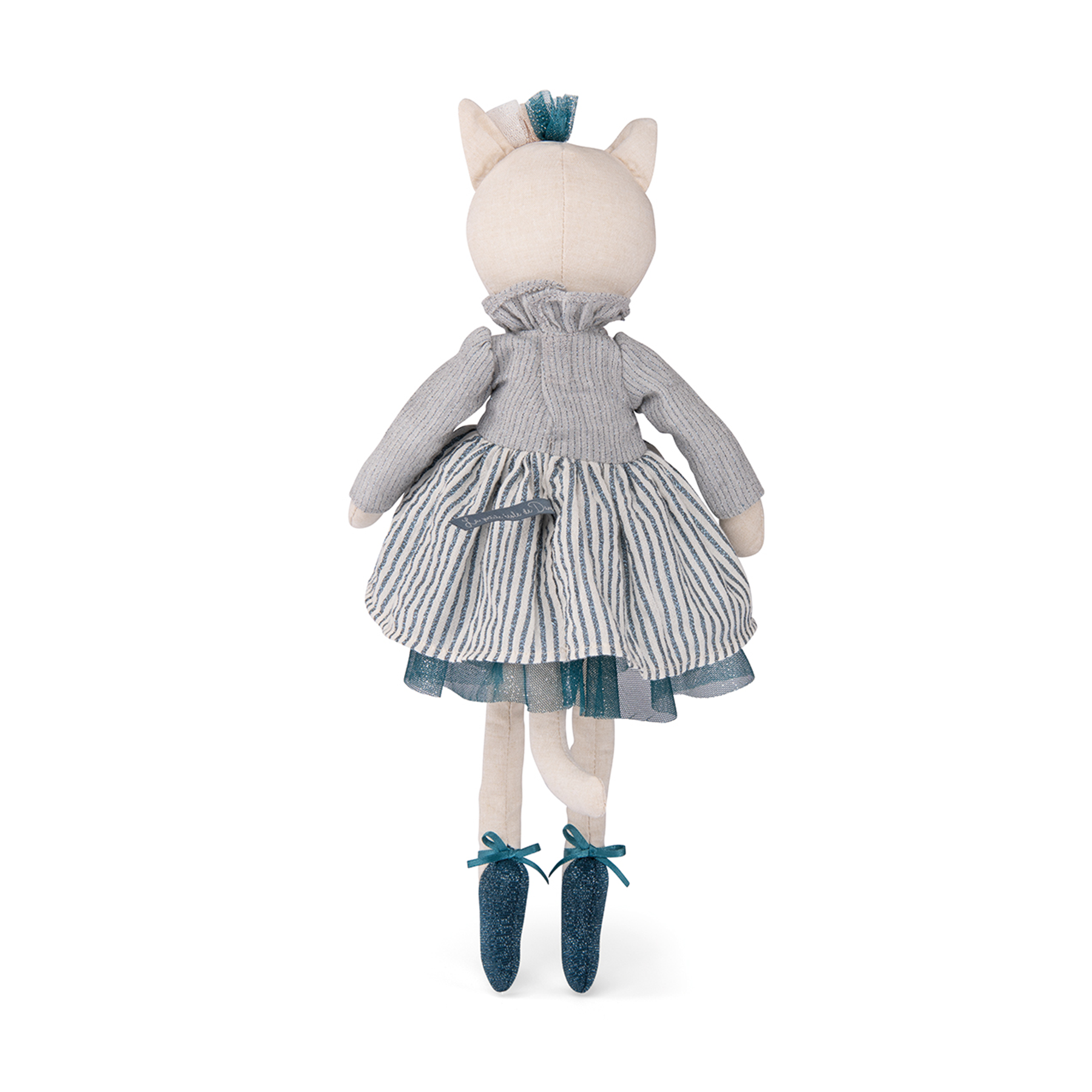 Célestine is a beautiful fabric cat doll with a lovely embroidered face she is dressed in a dancer's outfit: tutu, tulle bow in her hair, ballet slippers with ribbons.