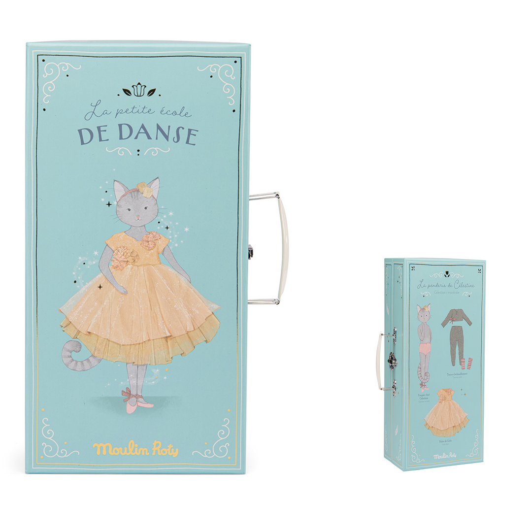 This ballerina cat comes complete with a wardrobe suitcase and beautiful change of outfit.  She is wearing soft grey jersey trousers and matching wrap top, pink glitter socks and pink ballet pumps with a net bow, long cat tail and embroidered whiskers.