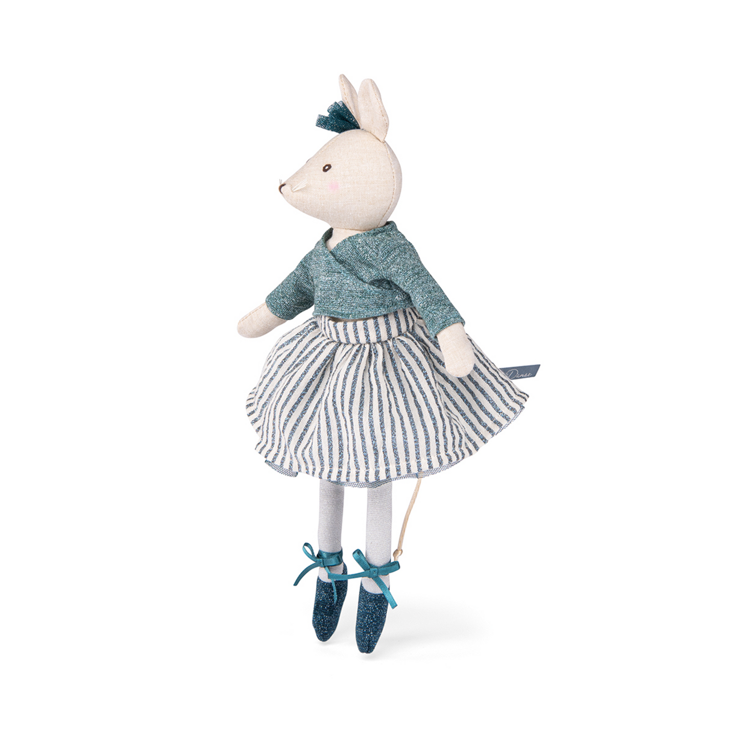 Charlotte is a lovely ballerina soft toy mouse. She is wearing a teal and silver skirt with sparkly netting with silver shimmery legs and soft teal ballet pumps. She has little pink rosy checks and a very long mouse tail.
