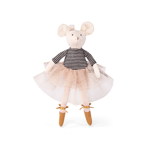 Meet Suzie a lovely ballerina mouse soft toy. She is wearing a gold tulle layered skirt with pink shimmery legs and soft gold ballet pumps. She has pink rosy checks and a very long mouse tail.