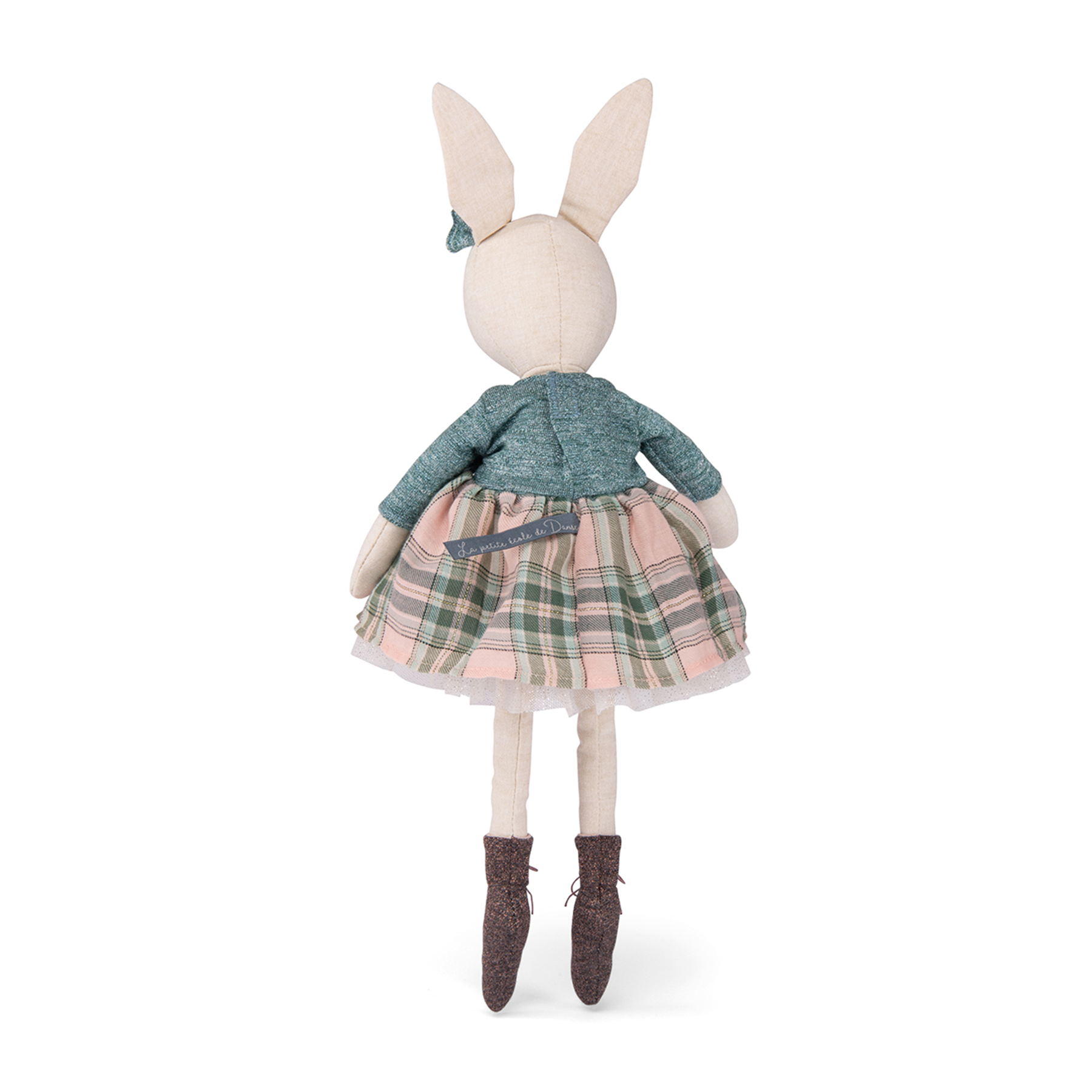 Victorine, a lovely ballerina soft toy rabbit. She is wearing a checked dress with sparkly netting with long legs and soft brown ballet pumps. She has embroidered features,  little pink rosy checks and a little bunny tail.