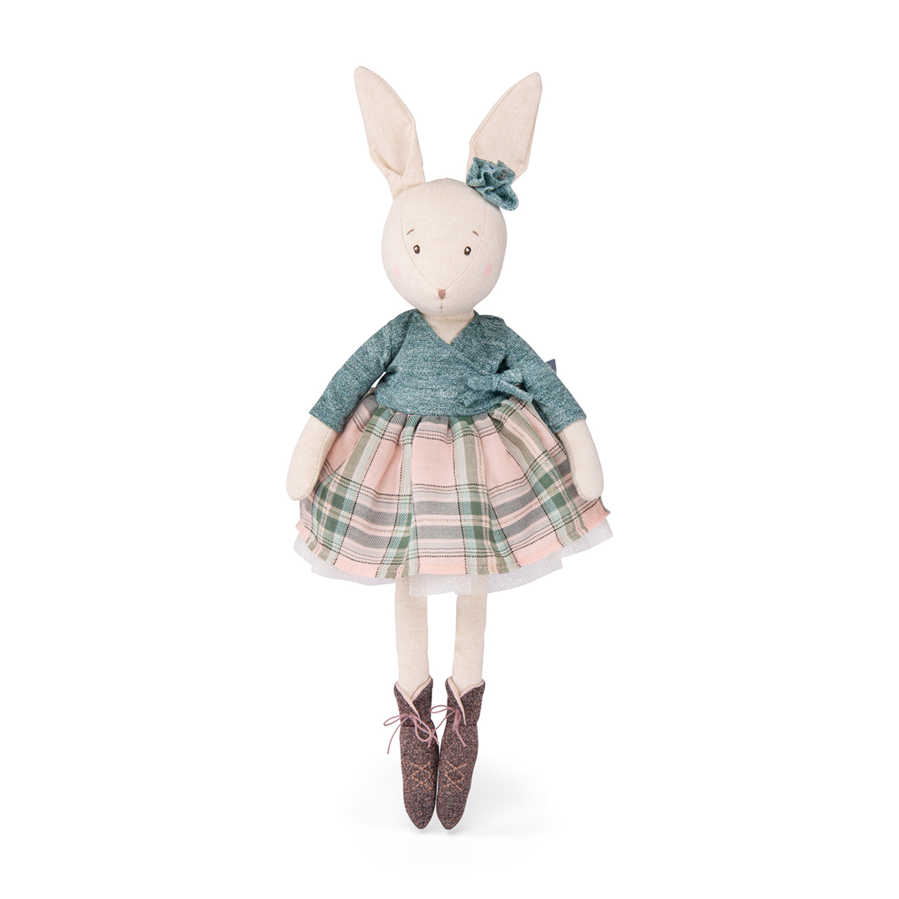 Victorine, a lovely ballerina soft toy rabbit. She is wearing a checked dress with sparkly netting with long legs and soft brown ballet pumps. She has embroidered features,  little pink rosy checks and a little bunny tail.
