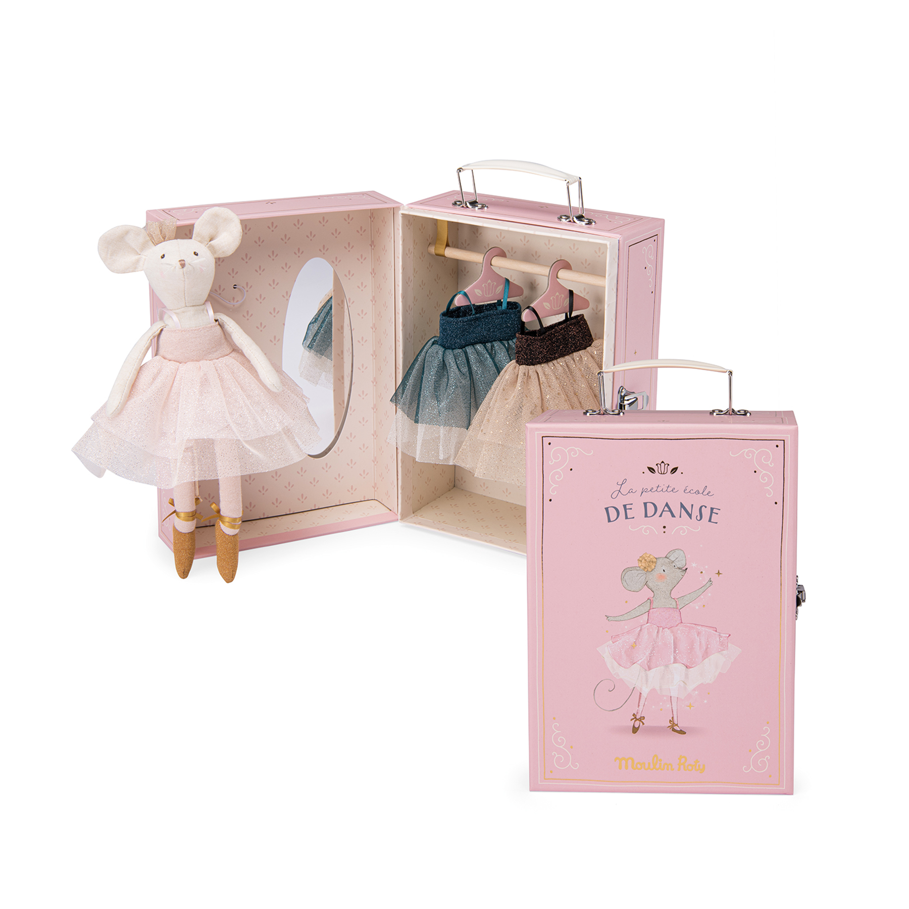 This adorable pink case includes a child-safe mirror, tutus to dress Ballerina Mouse in. Set includes: Ballerina Mouse doll, 3 hangers, 3 tutus, hanging rod.