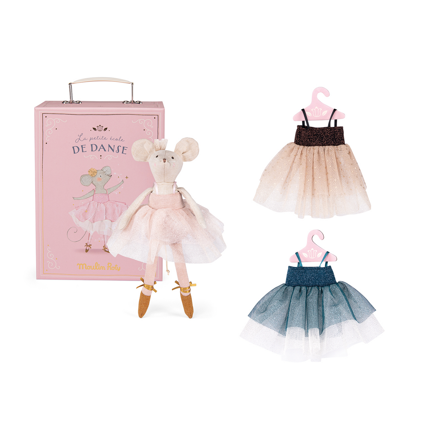 This adorable pink case includes a child-safe mirror, tutus to dress Ballerina Mouse in. Set includes: Ballerina Mouse doll, 3 hangers, 3 tutus, hanging rod.